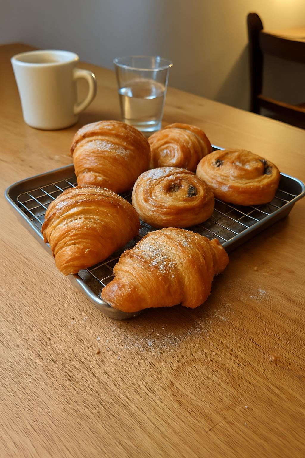 A tray of croissants and pastries cooling on a wire rack