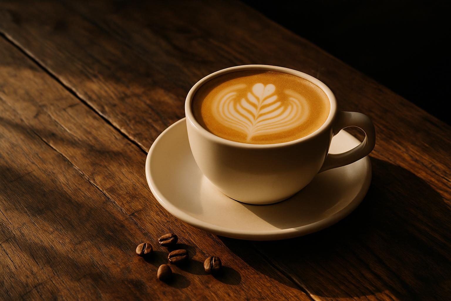 A flat white in a cream ceramic cup on a worn timber table, raking morning light