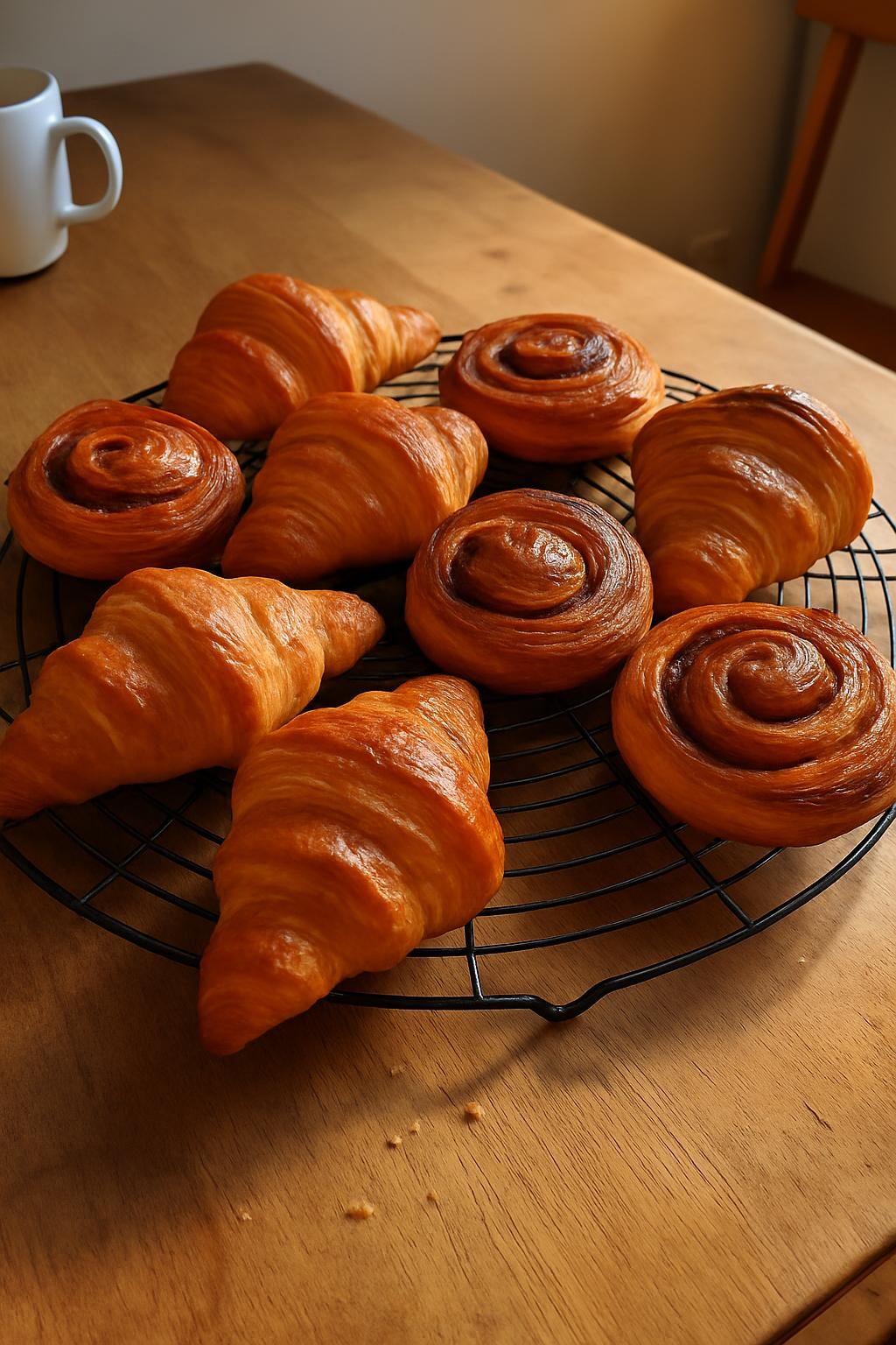 Croissants and cinnamon buns on a wire cooling stand