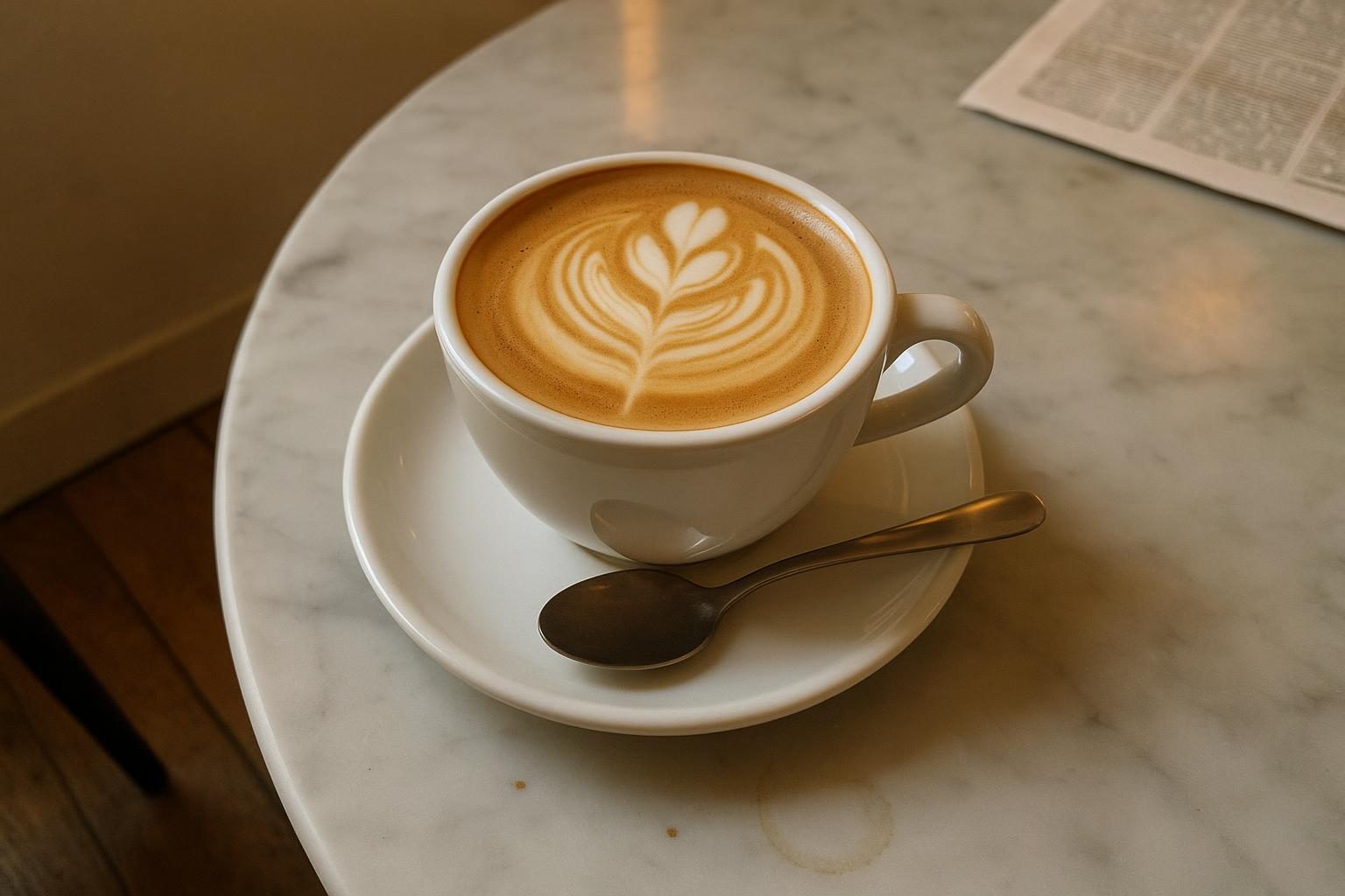 A flat white with rosetta art on a marble table beside a folded newspaper
